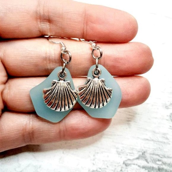 Sky Blue Sea Glass Clam Shell Earrings - Picture 3 of 5
